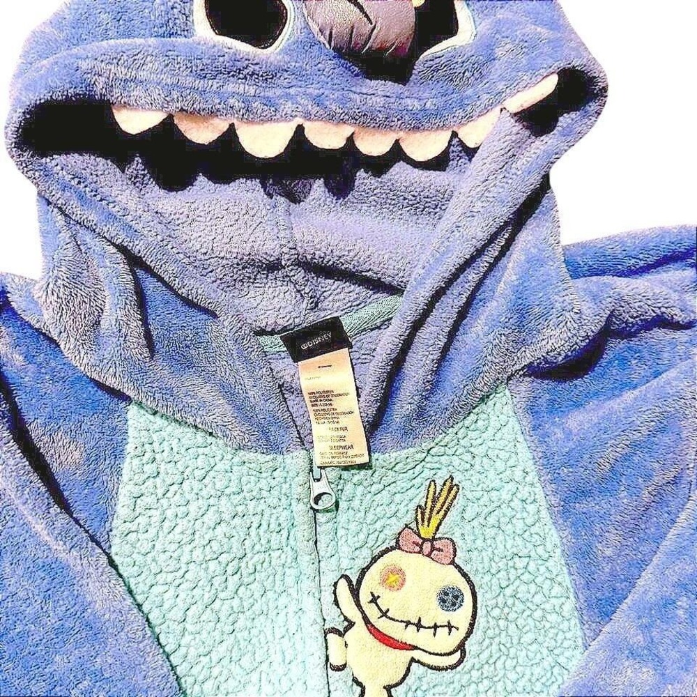 Disney Stitch Kids Plush Fleece Hooded Union Suit One Piece Pajamas Blue Scrump - Picture 3 of 4